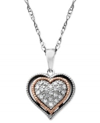 An instant love affair. This sterling silver and 14k rose gold necklace dazzles with single-cut diamonds (1/10 ct. t.w.). Approximate length: 18 inches. Approximate drop: 3/4 inch. An instant love affair. This sterling silver and 14k rose gold necklace dazzles with single-cut diamonds (1/10 ct. t.w.). Approximate length: 18 inches. Approximate drop: 3/4 inch.