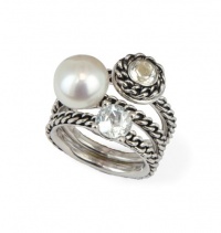 Honora Skinny Jeans Sterling Silver and White Freshwater Cultured Pearl with White Topaz Stack Ring LR5587WH7 Honora Skinny Jeans Sterling Silver and White Freshwater Cultured Pearl with White Topaz Stack Ring LR5587WH7