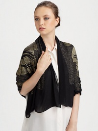 A striking metallic floral design adorns this sumptuous silk blend wrap.89% silk/11% polyesterAbout 55 X 55Dry cleanMade in Italy A striking metallic floral design adorns this sumptuous silk blend wrap.89% silk/11% polyesterAbout 55 X 55Dry cleanMade in Italy
