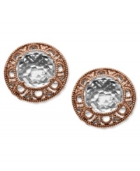 Elegant swirls with a touch of vintage appeal. Town & Country's beautiful stud earrings combine a sterling silver and cut-out 14k rose gold setting with stunning round-cut white quartz (4-1/2 ct. t.w.). Approximate diameter: 5/8 inch. Elegant swirls with a touch of vintage appeal. Town & Country's beautiful stud earrings combine a sterling silver and cut-out 14k rose gold setting with stunning round-cut white quartz (4-1/2 ct. t.w.). Approximate diameter: 5/8 inch.