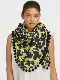 A bold, abstract floral print style accented in fun pom-pom fringed edges. 75% viscose/25% woolAbout 50 X 50Dry cleanImported A bold, abstract floral print style accented in fun pom-pom fringed edges. 75% viscose/25% woolAbout 50 X 50Dry cleanImported