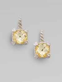 From the Linen Collection. A small cushion-cut canary crystal shimmers in a sterling silver setting, accented by white sapphires.Canary crystalWhite sapphireSterling silverLength, about ¾Ear wireImported