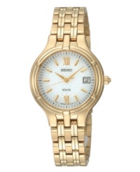 A rich, golden watch, powered by the sun. Seiko watch crafted from goldtone stainless steel bracelet and round case, 28mm. White dial with inner patterned dial features goldtone stick indices, Roman numerals at twelve and six o'clock, date window at three o'clock and black logo. Features two-month energy storage, quick-start function and energy depletion warning. Quartz movement. Water resistant to 30 meters. Three-year warranty. Available exclusively at Macy's! A rich, golden watch, powered by the sun. Seiko watch crafted from goldtone stainless steel bracelet and round case, 28mm. White dial with inner patterned dial features goldtone stick indices, Roman numerals at twelve and six o'clock, date window at three o'clock and black logo. Features two-month energy storage, quick-start function and energy depletion warning. Quartz movement. Water resistant to 30 meters. Three-year warranty. Available exclusively at Macy's!