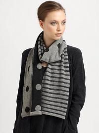 Eye-catching metallic threads lend a dazzling touch to this ultra-soft wool-blend knit wrap with bold stripes and dots.Wool/Polyester/Metallic Yarns9 X 70.5Dry cleanImported Eye-catching metallic threads lend a dazzling touch to this ultra-soft wool-blend knit wrap with bold stripes and dots.Wool/Polyester/Metallic Yarns9 X 70.5Dry cleanImported