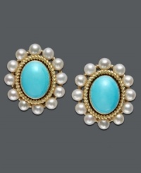 Add a little color to make your outfit pop. These bold and stylish studs feature an oval-cut turquoise stone (2-1/4 mm) set in intricate rope-edged 14k gold and surrounded by cultured freshwater pearls (2-3/4-3 mm). Approximate diameter: 3/4 inch.
