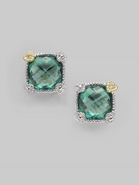From the Linen Collection. A small cushion-cut green quartz stone shimmers in a sterling silver and 18K gold setting.Green quartz 18K gold Sterling silver Width, about ¼ Post backs Imported From the Linen Collection. A small cushion-cut green quartz stone shimmers in a sterling silver and 18K gold setting.Green quartz 18K gold Sterling silver Width, about ¼ Post backs Imported