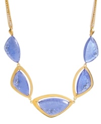 Blue is better. Kenneth Cole New York's mixed metal necklace is gold-plated and features blue resin geometric frontal beads with pave crystal accents. A gold-tone necklace chain with crystal cub chain accents holds everything together. Approximate length: 20 inches + 3-inch extender. Approximate drop: 1-1/2 inches. Blue is better. Kenneth Cole New York's mixed metal necklace is gold-plated and features blue resin geometric frontal beads with pave crystal accents. A gold-tone necklace chain with crystal cub chain accents holds everything together. Approximate length: 20 inches + 3-inch extender. Approximate drop: 1-1/2 inches.