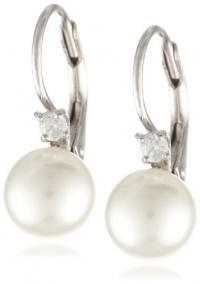 Sterling Silver White Shell Pearl and Cubic Zirconia Lever Back Earrings (8mm) Sterling Silver White Shell Pearl and Cubic Zirconia Lever Back Earrings (8mm)
