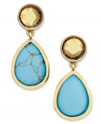 Much-needed splashes of color from Lauren Ralph Lauren. These standout double drop earrings feature genuine calcite blue turquoise and topaz glass accents. Clip-on backing for non-pierced ears. Set in 14k gold plated mixed metal. Approximate drop: 1 inch. Much-needed splashes of color from Lauren Ralph Lauren. These standout double drop earrings feature genuine calcite blue turquoise and topaz glass accents. Clip-on backing for non-pierced ears. Set in 14k gold plated mixed metal. Approximate drop: 1 inch.