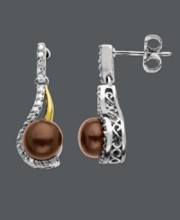 Polished and elegant, these 14k gold and sterling silver drop earrings highlight an intricate filigree setting, a dyed chocolate cultured freshwater pearl (6 mm) and sparkling diamonds (1/10 ct. t.w.). Approximate drop: 3/4 inch.