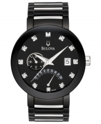 A handsome black timepiece with subtle sparkle from diamond accents, by Bulova. A handsome black timepiece with subtle sparkle from diamond accents, by Bulova.