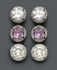 An interchangeable trio of sparkling semi-precious studs. This three pair set of sterling silver stud earrings by Victoria Townsend features round-cut green quartz (1-1/4 ct. t.w.), round-cut amethyst (1-1/4 ct. t.w.) and round-cut white topaz (1-3/4 ct. t.w.) shimmering with diamond accents. An interchangeable trio of sparkling semi-precious studs. This three pair set of sterling silver stud earrings by Victoria Townsend features round-cut green quartz (1-1/4 ct. t.w.), round-cut amethyst (1-1/4 ct. t.w.) and round-cut white topaz (1-3/4 ct. t.w.) shimmering with diamond accents.