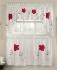 Decorated with lush red poppies embroidered on a soft white background, the Poppy window valance offers an artistic and modern point of view fit for any window. Coordinate with matching tiers to complete the look. Decorated with lush red poppies embroidered on a soft white background, the Poppy window valance offers an artistic and modern point of view fit for any window. Coordinate with matching tiers to complete the look.