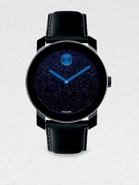 Bold watch accented with blue details with a black TR90 and stainless steel case and a blue sandstone dial. Swiss quartz movementWater resistant to 3 ATMRound TR90 and stainless steel case, 42mm (1.6) Smooth bezelBlue sandstone dial with blue handsBlack coated leather strap Made in Switzerland Bold watch accented with blue details with a black TR90 and stainless steel case and a blue sandstone dial. Swiss quartz movementWater resistant to 3 ATMRound TR90 and stainless steel case, 42mm (1.6) Smooth bezelBlue sandstone dial with blue handsBlack coated leather strap Made in Switzerland
