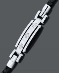 A sophisticated mix. Round-cut diamonds (1/6 ct. t.w.) add shine to a stainless steel ID tag on this braided black leather men's bracelet. Approximate length: 8-1/2 inches. A sophisticated mix. Round-cut diamonds (1/6 ct. t.w.) add shine to a stainless steel ID tag on this braided black leather men's bracelet. Approximate length: 8-1/2 inches.