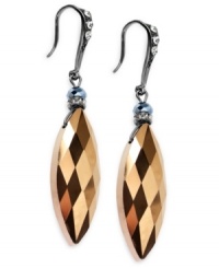 As sweet as hanging fruit, these drop earrings from c.A.K.e. by Ali Khan highlight a colorful faceted glass rondelle in a diamond design. Crafted from hematite tone mixed metal. Approximate drop: 2 inches. As sweet as hanging fruit, these drop earrings from c.A.K.e. by Ali Khan highlight a colorful faceted glass rondelle in a diamond design. Crafted from hematite tone mixed metal. Approximate drop: 2 inches.