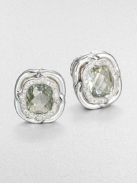 From the Labyrinth Collection. Beautiful, faceted prasiolite surrounded by dazzling diamonds and sleek sterling silver. PrasioliteDiamonds, .24 tcwSterling silverSize, about .39Omega post backImported From the Labyrinth Collection. Beautiful, faceted prasiolite surrounded by dazzling diamonds and sleek sterling silver. PrasioliteDiamonds, .24 tcwSterling silverSize, about .39Omega post backImported