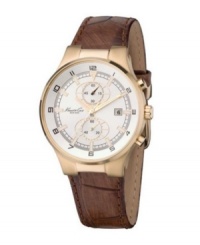 The perfect combination of a rugged exterior and an elegant center. This Kenneth Cole New York watch features a croc-embossed leather strap and stainless steel goldtone round case. White dial with goldtone stick indices, two subdials, logo and date window. Quartz movement. Water resistant to 50 meters. Limited lifetime warranty. The perfect combination of a rugged exterior and an elegant center. This Kenneth Cole New York watch features a croc-embossed leather strap and stainless steel goldtone round case. White dial with goldtone stick indices, two subdials, logo and date window. Quartz movement. Water resistant to 50 meters. Limited lifetime warranty.