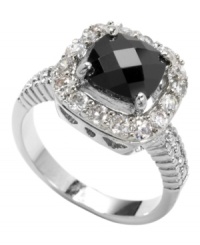 A must have for your collection, City by City's sparkling cocktail ring is a total knockout. Set in silver-plated mixed metal, a square-cut black cubic zirconia (13-3/4 ct. t.w.) shines against a halo of sparkling crystals. Size 7. A must have for your collection, City by City's sparkling cocktail ring is a total knockout. Set in silver-plated mixed metal, a square-cut black cubic zirconia (13-3/4 ct. t.w.) shines against a halo of sparkling crystals. Size 7.