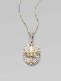 This intricate design of sterling silver features an 18k gold cross, with a luminous white pearl at the center, punctuated by sparkling diamonds.Diamond, 0.052 tcw White pearl 18k gold Sterling silver Pendant length, about 1¼ Chain length, about 16 Lobster clasp Imported This intricate design of sterling silver features an 18k gold cross, with a luminous white pearl at the center, punctuated by sparkling diamonds.Diamond, 0.052 tcw White pearl 18k gold Sterling silver Pendant length, about 1¼ Chain length, about 16 Lobster clasp Imported