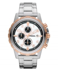 A modern touch of sophisticated rose-gold upgrades this timeless steel watch from Fossil's Dean collection. A modern touch of sophisticated rose-gold upgrades this timeless steel watch from Fossil's Dean collection.