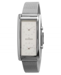 For the modern jetsetter, this sophisticated Skagen Denmark watch offers two time zone reads with an elegant design. Silvertone stainless steel mesh bracelet. Rectangular stainless steel case. Rectangular white dial with dual clocks, Swarovski crystal accents and logo. Quartz movement. Water resistant to 30 meters. Limited lifetime warranty. For the modern jetsetter, this sophisticated Skagen Denmark watch offers two time zone reads with an elegant design. Silvertone stainless steel mesh bracelet. Rectangular stainless steel case. Rectangular white dial with dual clocks, Swarovski crystal accents and logo. Quartz movement. Water resistant to 30 meters. Limited lifetime warranty.