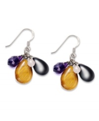 Spruce up your look. These brightly-colored cluster earrings feature tiger's eye (6 mm), black onyx (6 mm), amethyst (2 ct. t.w.) and rose quartz (1-3/8 ct. t.w.) set in sterling silver. Approximate drop: 1-1/4 inches. Spruce up your look. These brightly-colored cluster earrings feature tiger's eye (6 mm), black onyx (6 mm), amethyst (2 ct. t.w.) and rose quartz (1-3/8 ct. t.w.) set in sterling silver. Approximate drop: 1-1/4 inches.