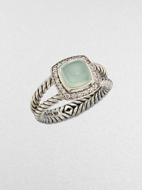 From the Petite Albion Collection. An exquisite design with dazzling pavé diamonds surrounding an aqua chalcedony stone center on a sterling silver base. Aqua chalcedonyDiamonds, .2 tcwSterling silverWidth, about ¼Imported 