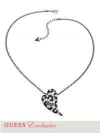 GUESS Women's Silver-Tone Leopard-Print Heart Necklace, SILVER