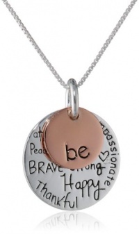 Two-Tone Sterling Silver with Rose Gold Flashed Be Kind Free True Brave Strong Happy Thankful Compassionate Two Charm Graffiti Necklace, 18 Two-Tone Sterling Silver with Rose Gold Flashed Be Kind Free True Brave Strong Happy Thankful Compassionate Two Charm Graffiti Necklace, 18