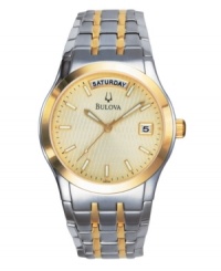 Lighten up. This striking timepiece has two tones, a sunny gold and a shining silver, to complement your look no matter where you go. With a stainless steel bracelet and case, goldtone steel bezel and textured dial, 3-hand movement, and day/date windows. Water resistant to 30 meters. Three-year limited warranty. Lighten up. This striking timepiece has two tones, a sunny gold and a shining silver, to complement your look no matter where you go. With a stainless steel bracelet and case, goldtone steel bezel and textured dial, 3-hand movement, and day/date windows. Water resistant to 30 meters. Three-year limited warranty.