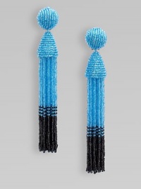 A bright fully beaded design with a dual-color tassel. Glass beads Drop, about 5 Clip-on back Imported A bright fully beaded design with a dual-color tassel. Glass beads Drop, about 5 Clip-on back Imported
