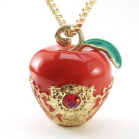 DaisyJewel Enchanted Apple Necklace: This Spell Cast Apple Pendant Is Nicely Sized At 1.25 In. Tall 1.25 In. Wide and with a Unique .25 In. Curling Stem Bail Design and Green Enamel Leaf Accent. Atop the Deliciously Red Enamel Coating Is Detailed Gold Fil