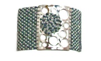 Mishky Silver Plated Dream Catcher Metallic Gray and Silver Mesh Seed Beaded Cuff Bracelet with Flower Cluster