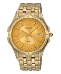 Raise the bar with this crown jewel of the watch world, by Seiko. Gold-tone stainless steel bracelet and round case. Champagne dial features gold-tone stick indices at markers, Roman numerals at twelve, six and nine o'clock, date window at three o'clock and logo. Quartz movement. Water resistant to 50 meters. Three-year limited warranty. Raise the bar with this crown jewel of the watch world, by Seiko. Gold-tone stainless steel bracelet and round case. Champagne dial features gold-tone stick indices at markers, Roman numerals at twelve, six and nine o'clock, date window at three o'clock and logo. Quartz movement. Water resistant to 50 meters. Three-year limited warranty.