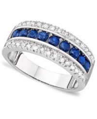 This band ring boasts beautiful round-cut sapphires (9/10 ct. t.w.) and sparkling diamond accents. Set in 14k gold.