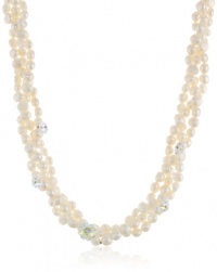 3 Row White Freshwater Pearl and Swarovski Elements Crystal Buttons with Gold Tone Chain and Clasp Necklace, 18+3 3 Row White Freshwater Pearl and Swarovski Elements Crystal Buttons with Gold Tone Chain and Clasp Necklace, 18+3