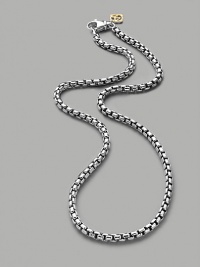 A bold and sophisticated box chain of sterling silver with a 14k gold signature tag. Sterling silver and 14k gold Length; 18 Lobster closure Made in USA A bold and sophisticated box chain of sterling silver with a 14k gold signature tag. Sterling silver and 14k gold Length; 18 Lobster closure Made in USA