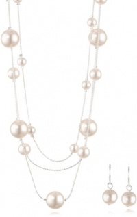 Colored Simulated Pearl Illusion Chain Earrings and Necklace Set, 16+2 Colored Simulated Pearl Illusion Chain Earrings and Necklace Set, 16+2