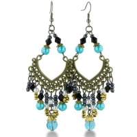 Black and Turquoise Color Beaded Gold Tone 3 Inch Chandelier Earrings Black and Turquoise Color Beaded Gold Tone 3 Inch Chandelier Earrings