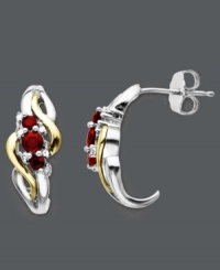 Pretty and petite. These elegant earrings take the classic hoop to a new level with the addition of round-cut rubies (1/2 ct. t.w.), sparkling diamond accents, and a swirling 14k gold and sterling silver setting. Approximate diameter: 5/8 inch. Pretty and petite. These elegant earrings take the classic hoop to a new level with the addition of round-cut rubies (1/2 ct. t.w.), sparkling diamond accents, and a swirling 14k gold and sterling silver setting. Approximate diameter: 5/8 inch.