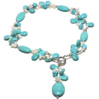 24 Beautiful Turquoise & White Freshwater Pearl Necklace With Toggle Hook 24 Beautiful Turquoise & White Freshwater Pearl Necklace With Toggle Hook