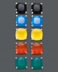 Mix and match with any outfit. This vibrant stud earrings set features five pairs of round-cut agate (9 ct. t.w.) in black, blue, yellow, red and green. Set in sterling silver. Approximate diameter: 1/4 inch. Mix and match with any outfit. This vibrant stud earrings set features five pairs of round-cut agate (9 ct. t.w.) in black, blue, yellow, red and green. Set in sterling silver. Approximate diameter: 1/4 inch.