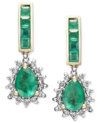 Elegance in emerald. These envy-inducing drop earrings exude brilliant color with pear and square-cut emeralds (2 ct. t.w.). Round-cut diamonds (1/4 ct. t.w.) and a 14k gold setting add extra shine. Approximate drop: 3/4 inch. Elegance in emerald. These envy-inducing drop earrings exude brilliant color with pear and square-cut emeralds (2 ct. t.w.). Round-cut diamonds (1/4 ct. t.w.) and a 14k gold setting add extra shine. Approximate drop: 3/4 inch.