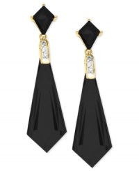 Look sharp and chic with these onyx (12-3/4 ct. t.w.) dagger earrings, adorned with diamond accents. Crafted from 10k gold. Approximate drop: 1-3/8 inches. Approximate width: 1/3 inch. Look sharp and chic with these onyx (12-3/4 ct. t.w.) dagger earrings, adorned with diamond accents. Crafted from 10k gold. Approximate drop: 1-3/8 inches. Approximate width: 1/3 inch.