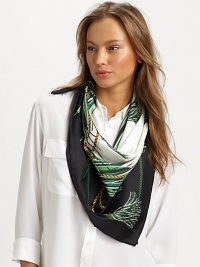 An elegant style with a colorful horse string print in luxurious silk. SilkAbout 35½ X 35½Dry cleanMade in Italy An elegant style with a colorful horse string print in luxurious silk. SilkAbout 35½ X 35½Dry cleanMade in Italy