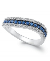 Certain to make a splash, this wave ring shimmers in round-cut sapphire (1/4 ct. t.w.) and diamond (1/4 ct. t.w.). Band set in 14k white gold. Certain to make a splash, this wave ring shimmers in round-cut sapphire (1/4 ct. t.w.) and diamond (1/4 ct. t.w.). Band set in 14k white gold.