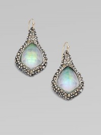 From the Miss Havisham Collection. A free-form diamond shape of dyed white quartz has an opal-like iridescence, enhanced by a shimmering border set with Swarovski crystals.Dyed white quartzCrystalRuthenium platingLength, about 1¾Ear wireMade in USA From the Miss Havisham Collection. A free-form diamond shape of dyed white quartz has an opal-like iridescence, enhanced by a shimmering border set with Swarovski crystals.Dyed white quartzCrystalRuthenium platingLength, about 1¾Ear wireMade in USA
