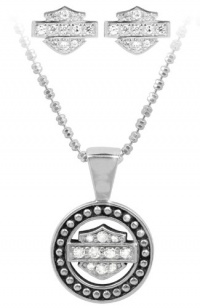 Harley-Davidson .925 Silver Circle Beaded Necklace & Earring Set with White Swarovski Crystals