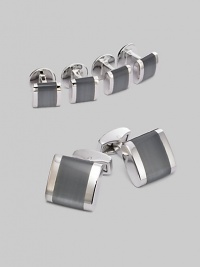 A luxury set that appoints a formal look with polished style, defined by fiber-optic glass band detail in rhodium-plated metal. Set includes 2 cuff links and 4 matching shirt studs Cuff links: about ¾ square Shirt studs: about ¼ square Imported A luxury set that appoints a formal look with polished style, defined by fiber-optic glass band detail in rhodium-plated metal. Set includes 2 cuff links and 4 matching shirt studs Cuff links: about ¾ square Shirt studs: about ¼ square Imported